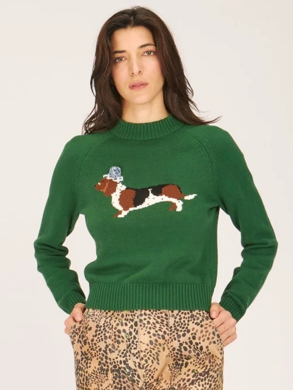 NEW NWT Rachel Antonoff Otis Basset Hound Sweater Evergreen